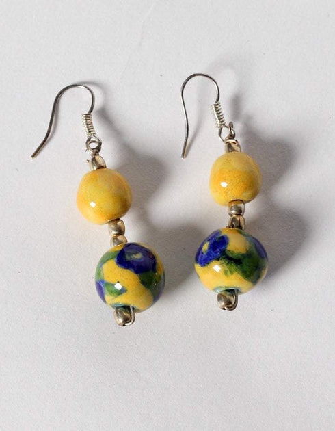 Blue Pottery Full Bead Necklace With Earrings And Bracelet (Yellow)